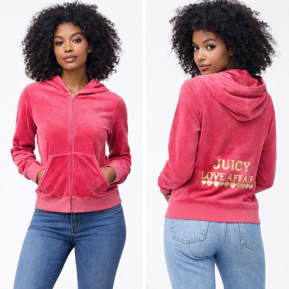 Vintage Juicy Couture Velour Hoodie Small "Juicy Love Affair" Y2K Cracked Decals